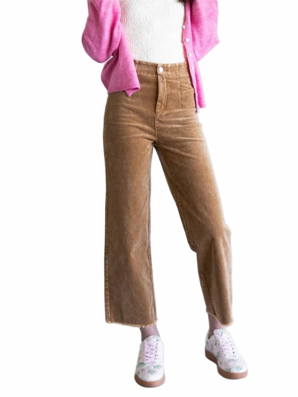 La Miel Camel Mineral Wash Corduroy Pants XS High Rise Wide Leg Raw Hem